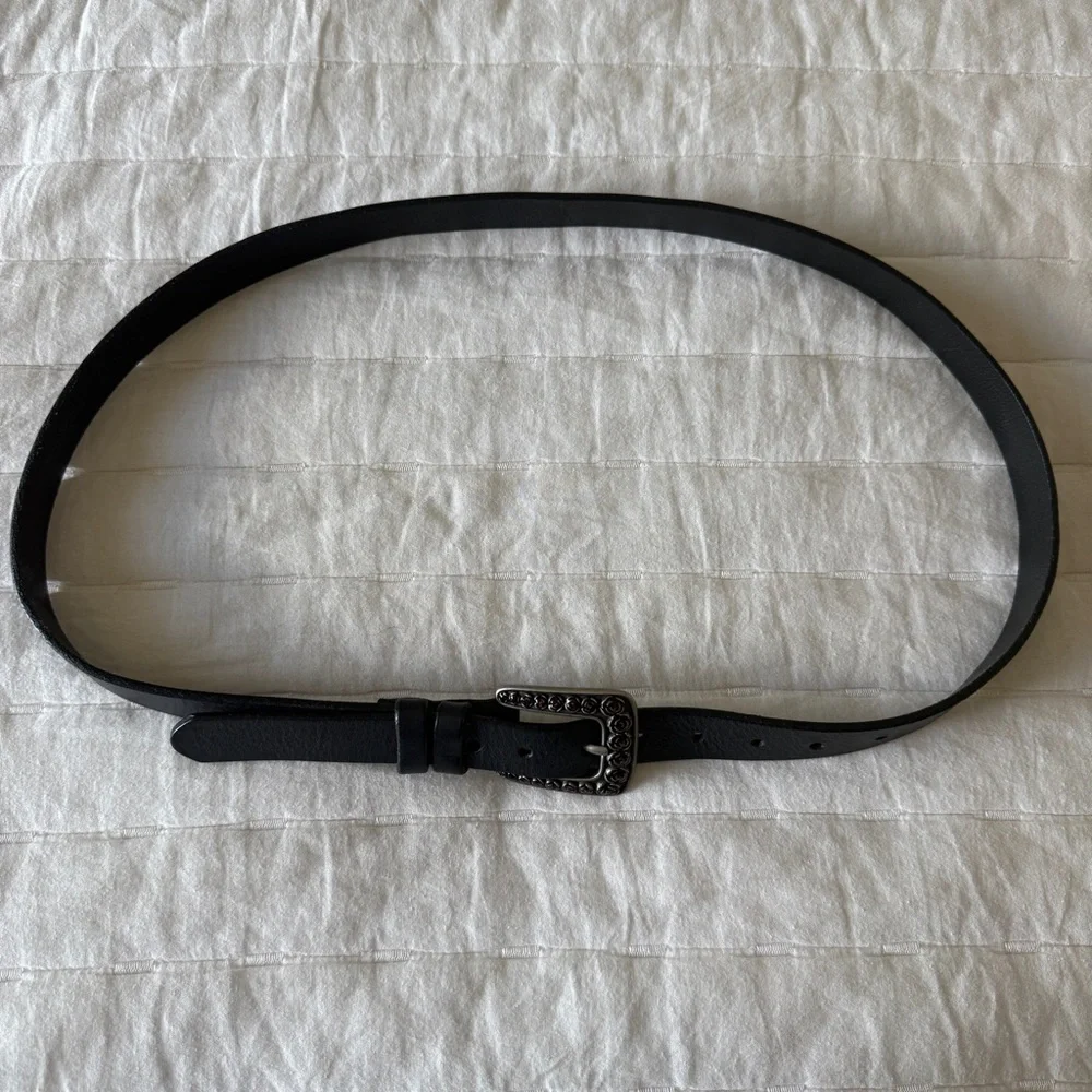 Martin Dingman bridle Leather Belt black rose buckle silver size 38